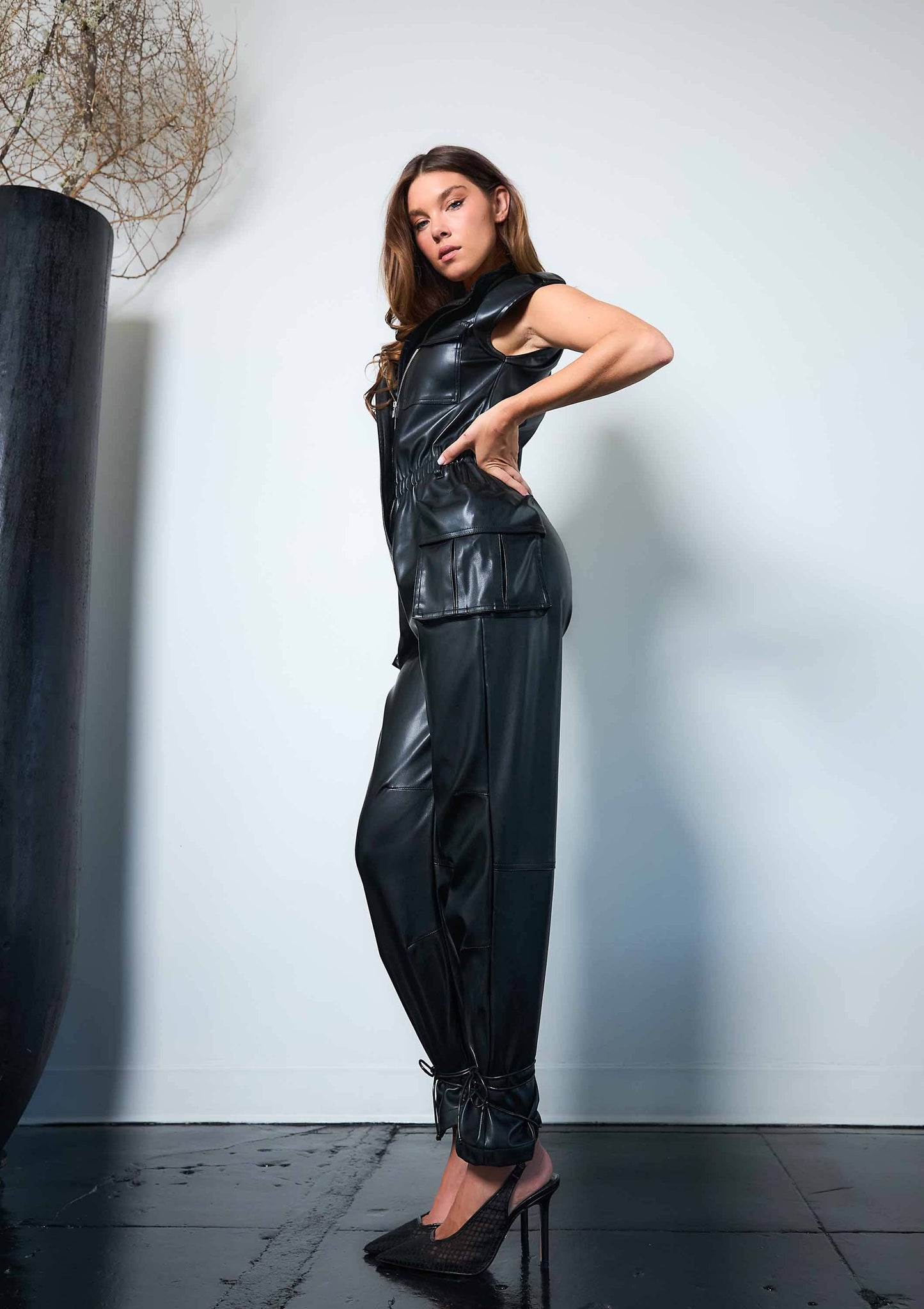 Vegan Leather Cargo Jumpsuit: Black