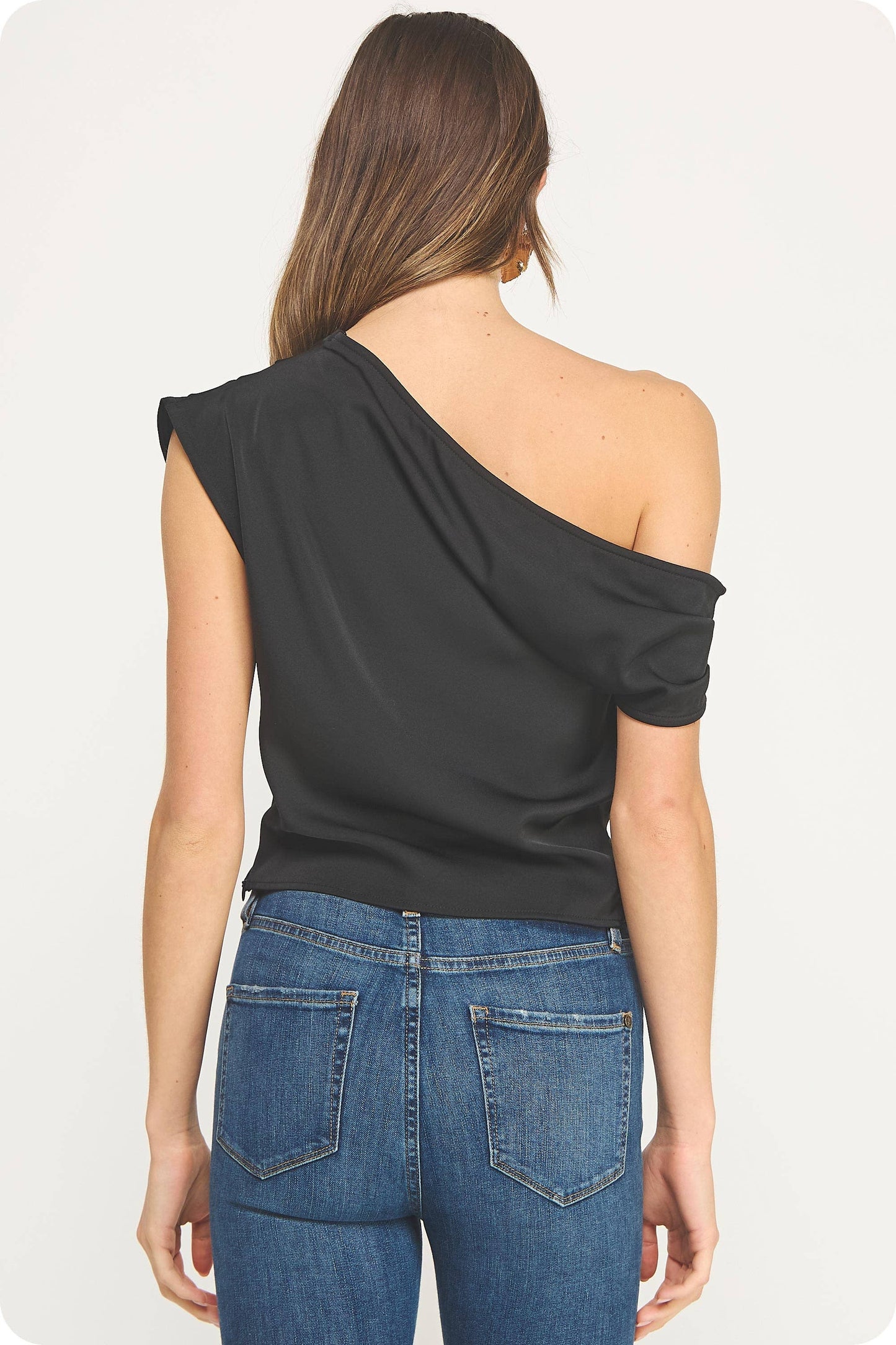 One Shoulder Draped Satin Top: Black