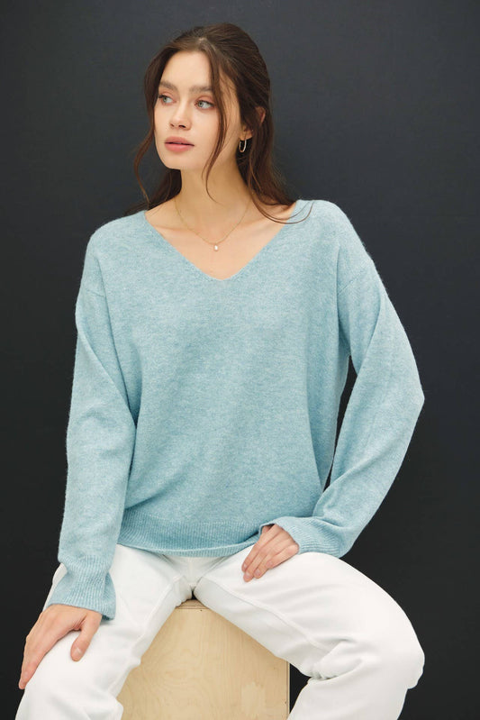 WOOL BLEND RELAXED V-NECK SWEATER: Winter Sky / SM