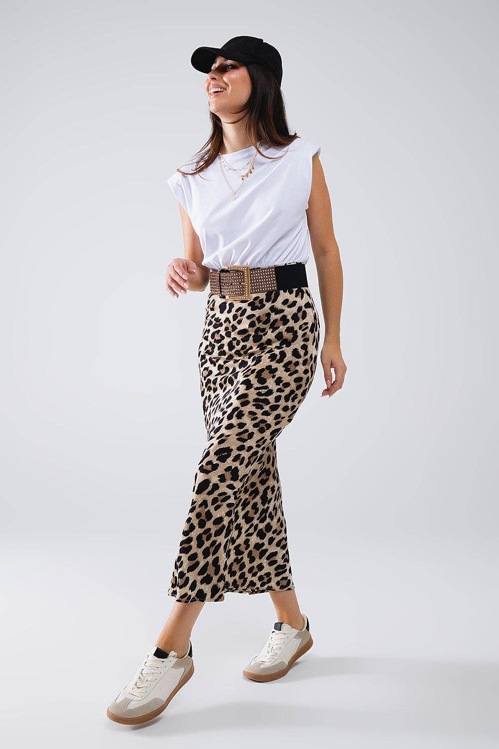 Satin-Finish Contrast Midi Dress in Leopard Print: White