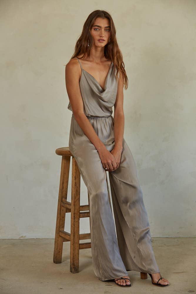 Satin Cowl One Shoulder Jumpsuit: Grey