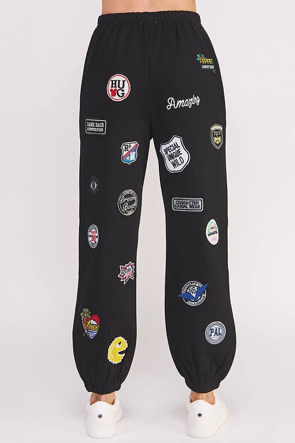 High waist Multi Patches Jogger Pants: Black