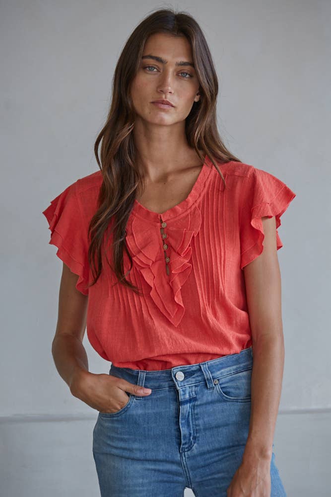 Woven Cotton Linen Button V-Neck Short Sleeve Top: Tomato