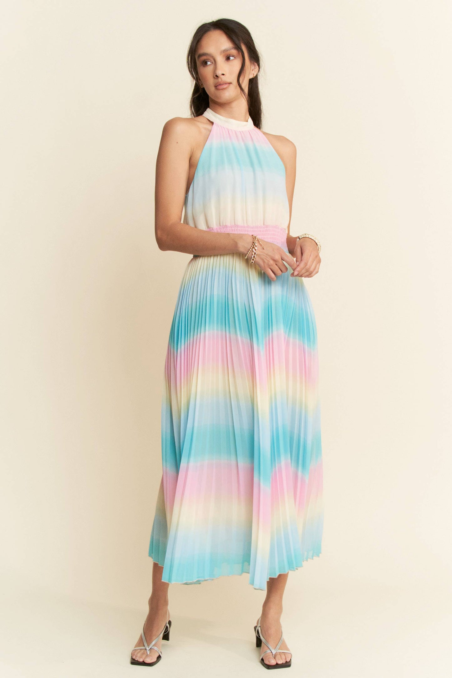 OMBRE STRIPED FULL LINED MAXI DRESS: Rainbow Combo