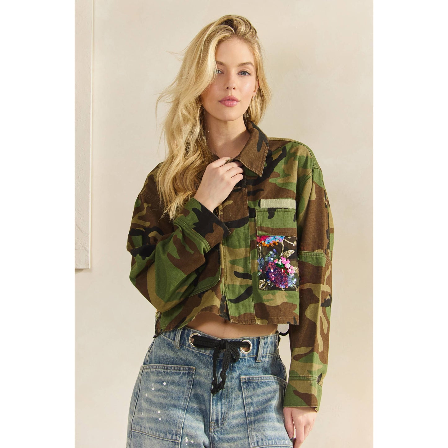 Camo/Sequin Contrast Jacket: Camo Sequin