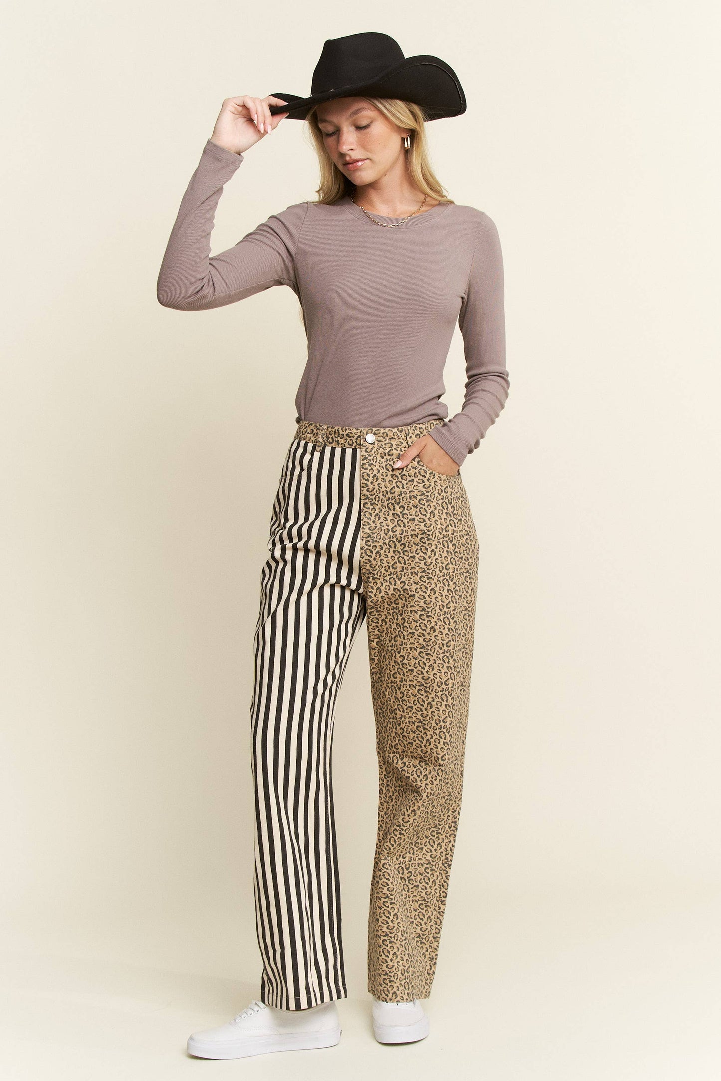 MIX & MATCH LEOPARD-STRIPE PANTS: Brown