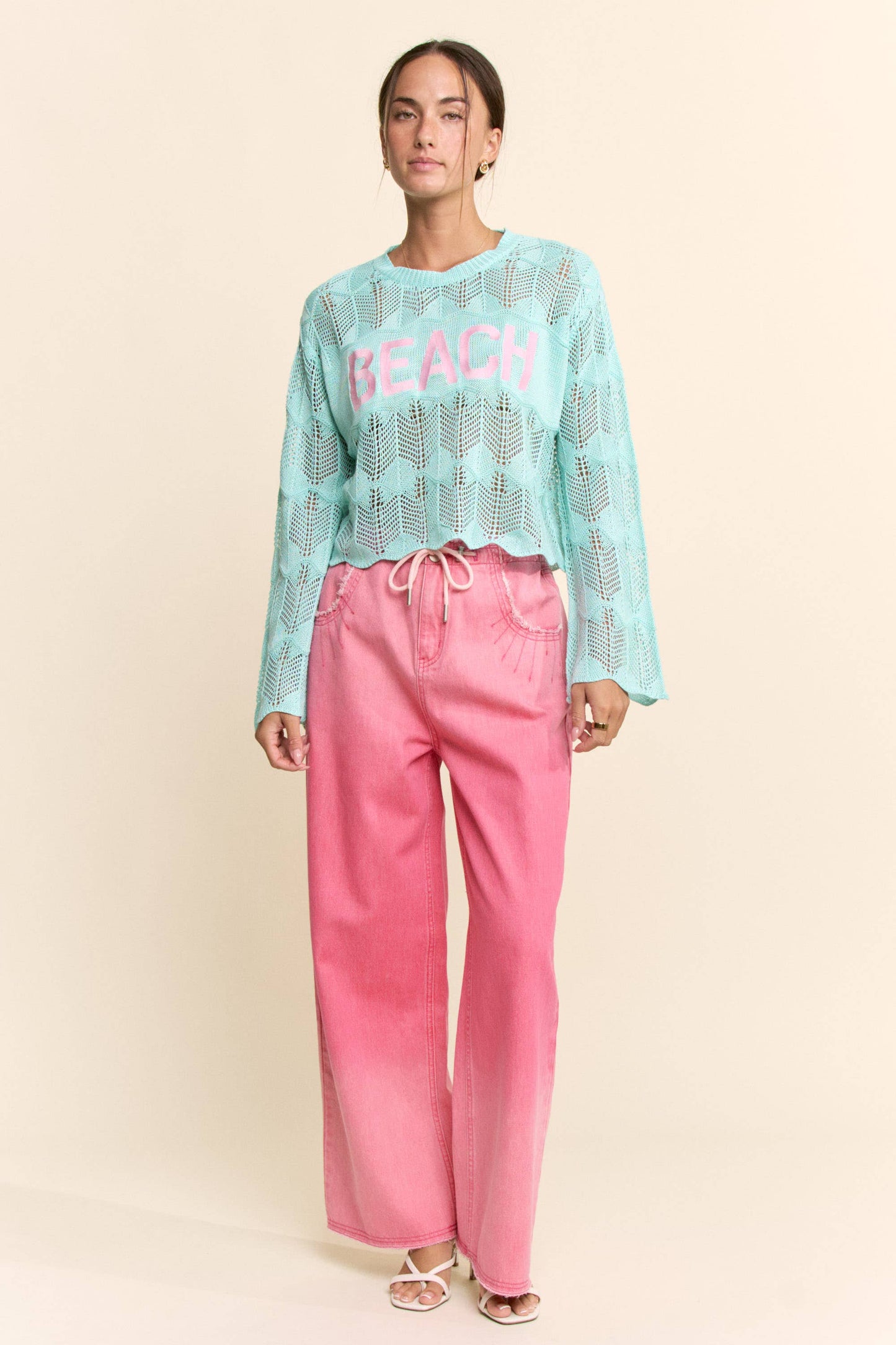 PEARL STONE BEACH LETTERING CROCHET SWEATER TOP: AQUA BLUE