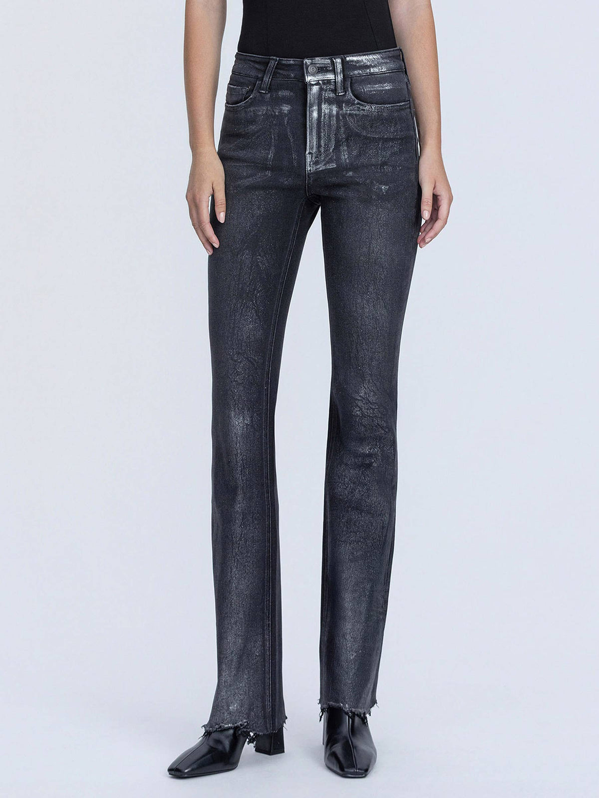 HIGH RISE METALIC COATED BLACK BOOTCUT JEANS F6370BK: Black