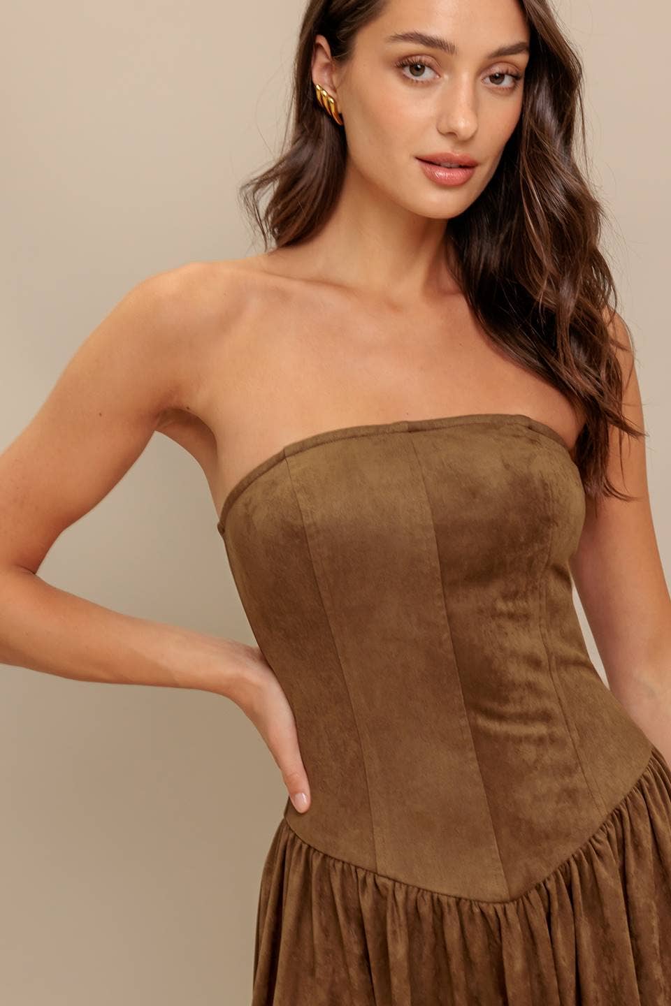 Faux strapless suede midi dress - ID22923: Brown