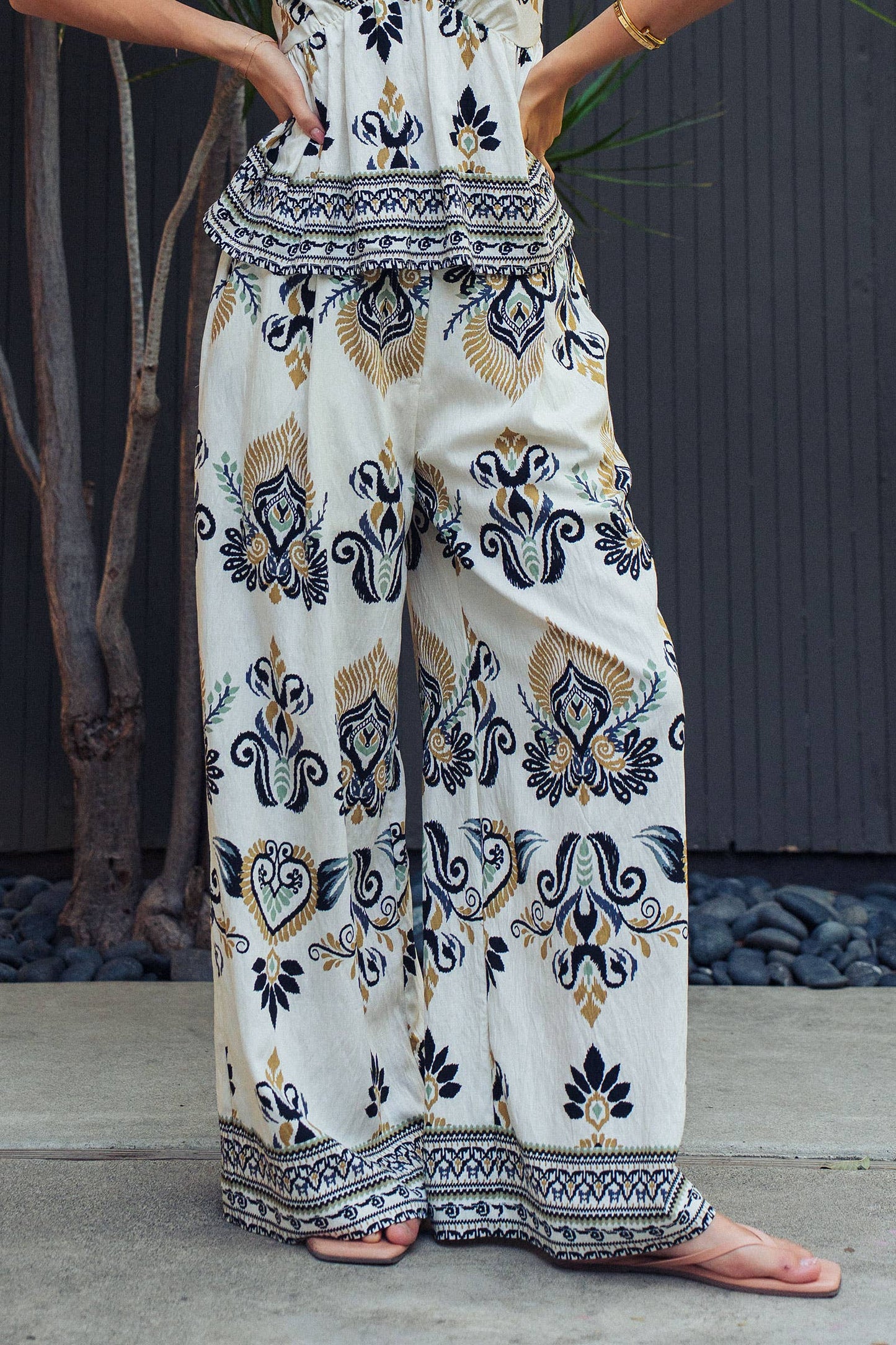 Boho Paisley Print Wide Leg Palazzo Pants: Multi-colored