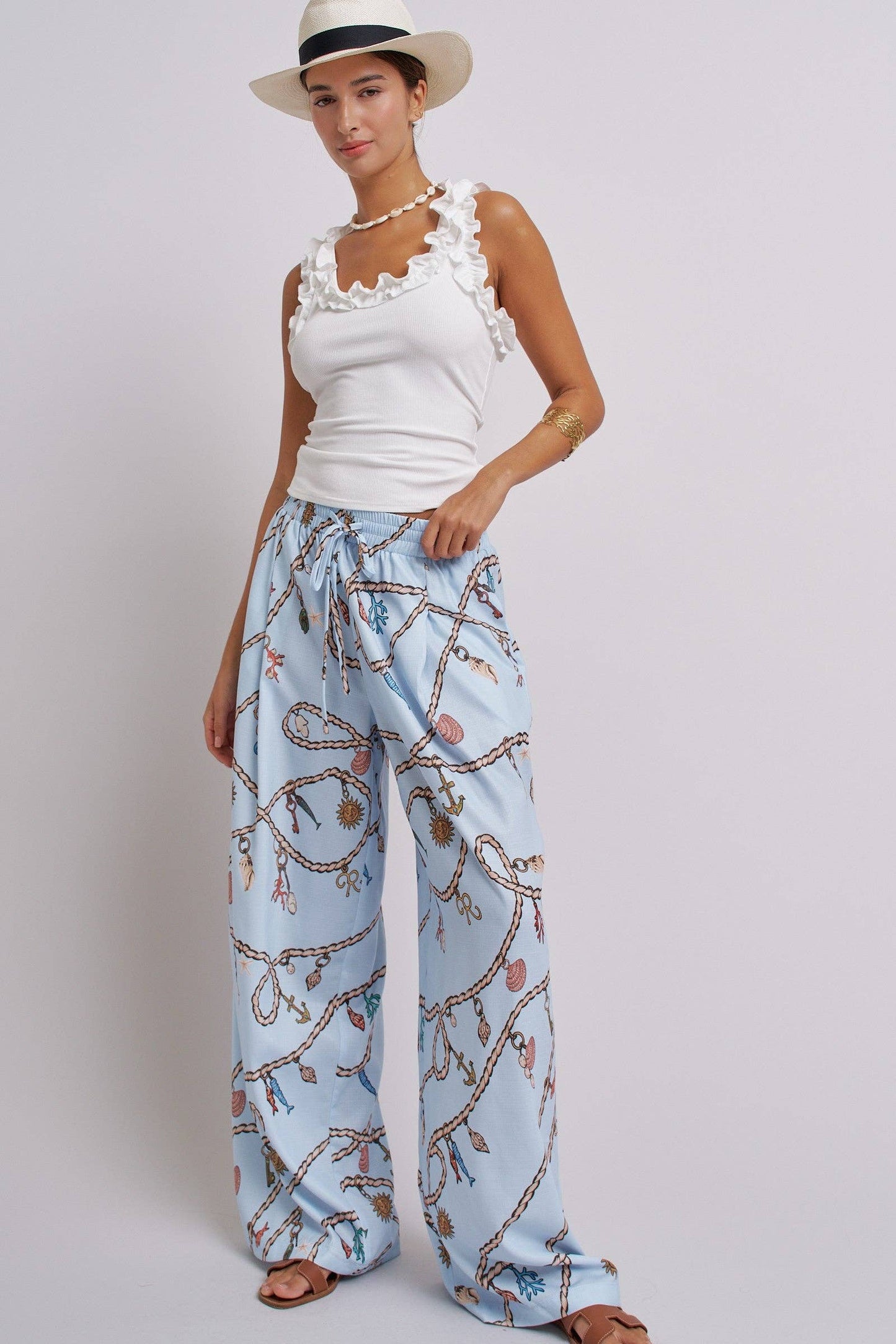 Rope Print Wide Leg Maxi Pants With Drawstring: Blue