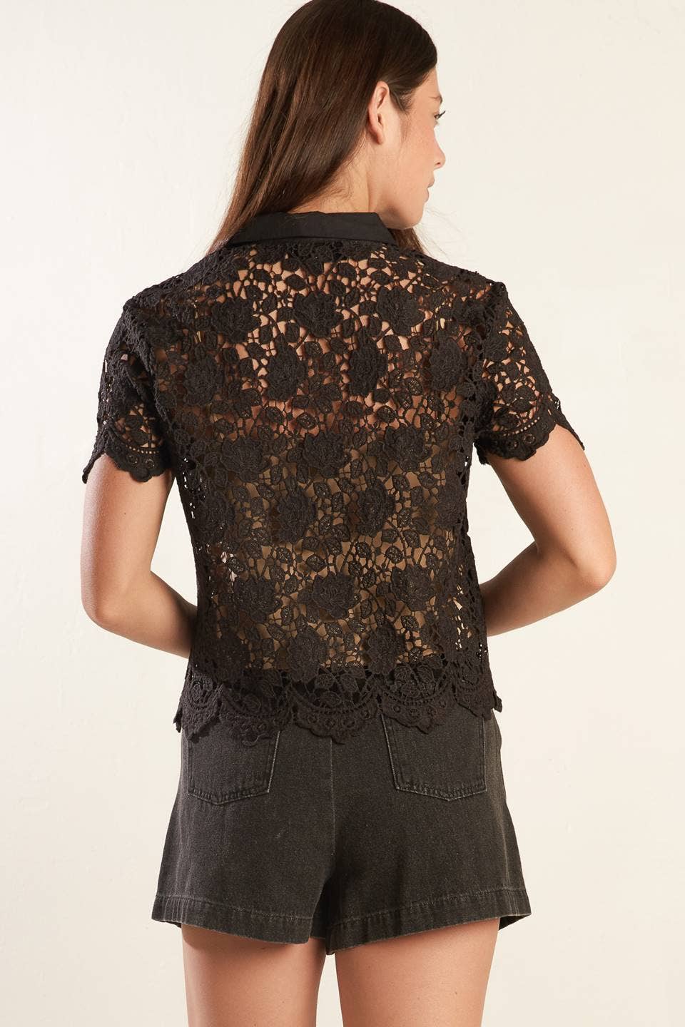Lace button up top - FT1526: Black