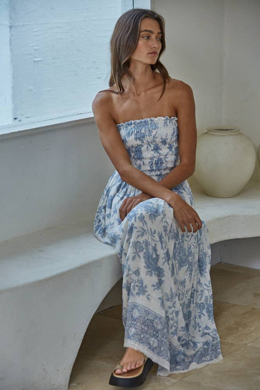 Floral Smocked Strapless Midi: Ivory Blue