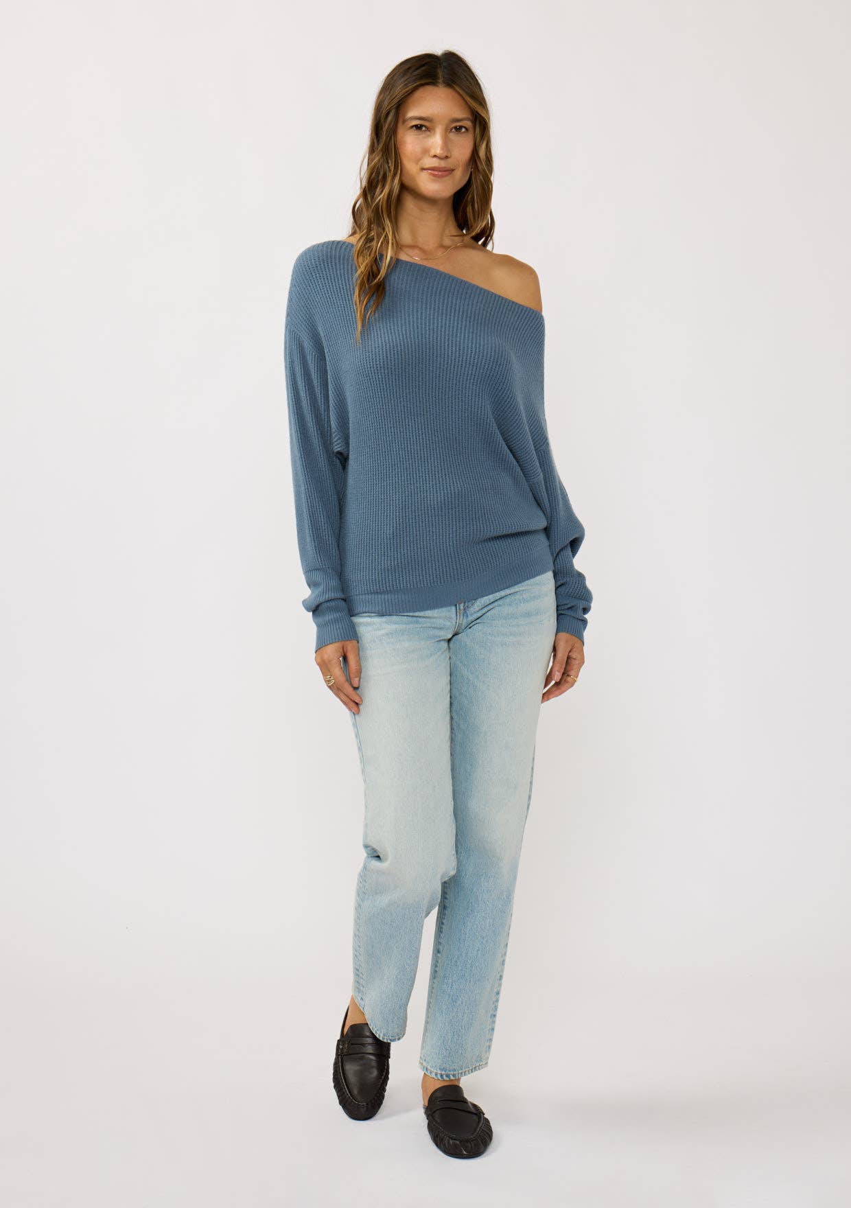 Waffle Knit Pullover Sweater: Heather Ocean