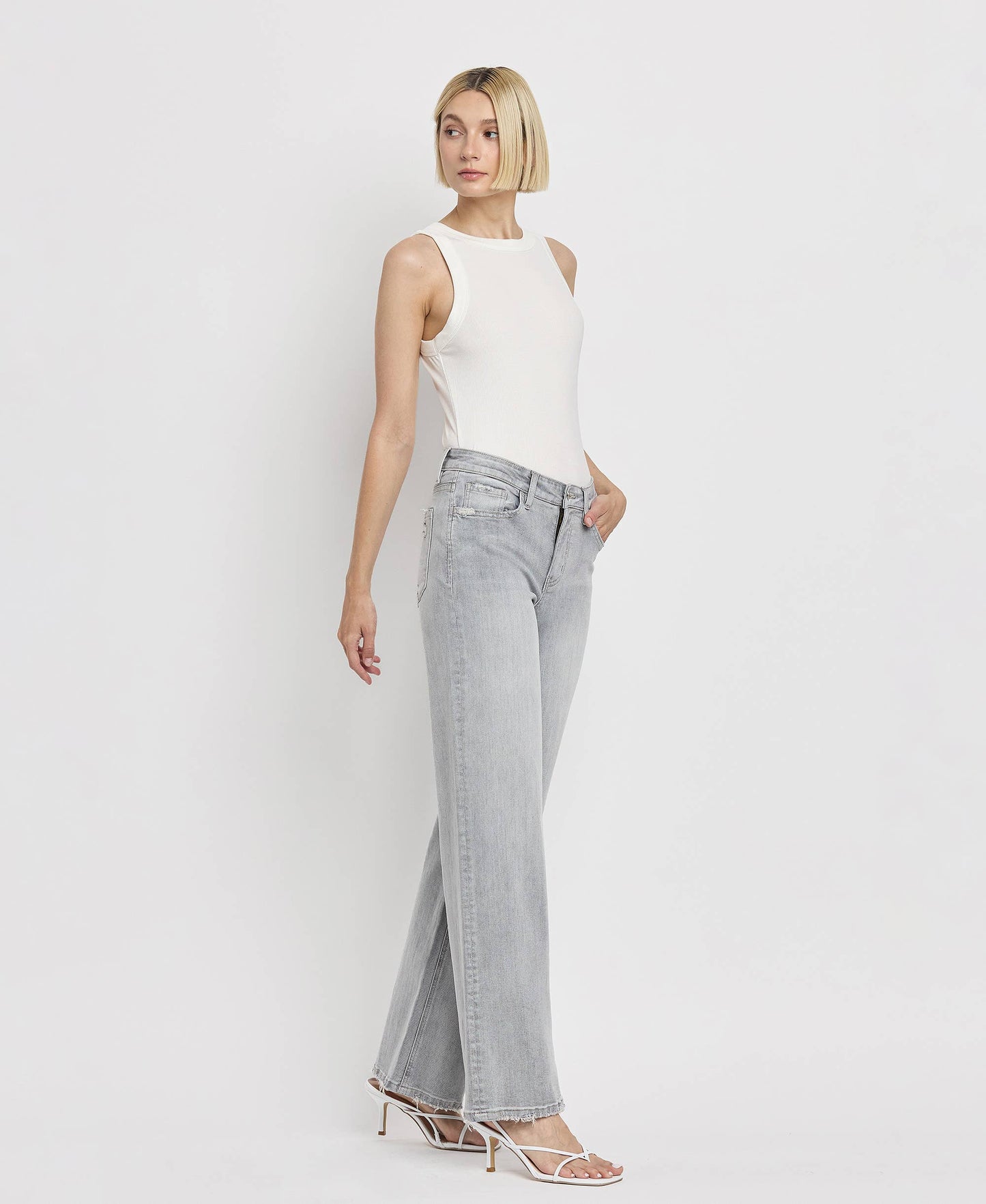 Flying Monkey High Rise Light Grey Wide Leg Jeans F5651