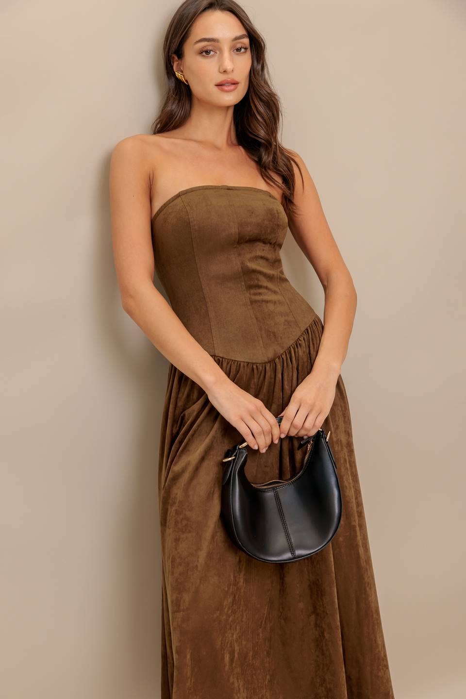 Faux strapless suede midi dress - ID22923: Brown