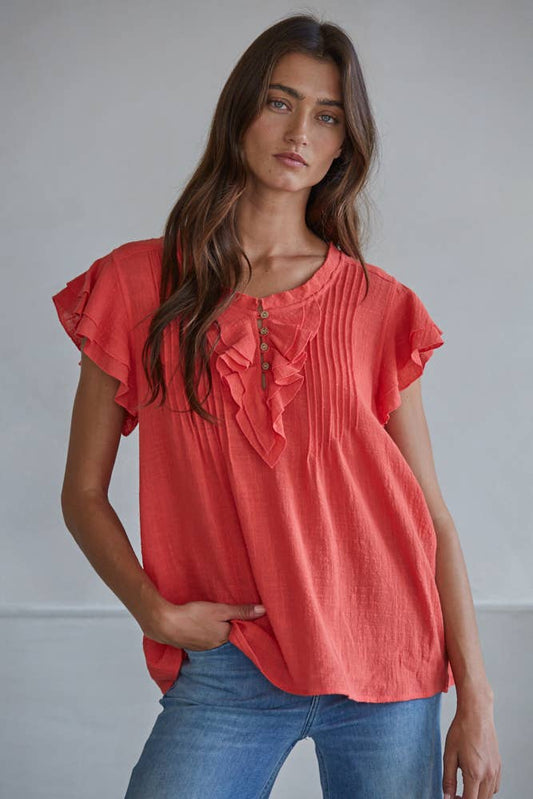 Woven Cotton Linen Button V-Neck Short Sleeve Top: Tomato