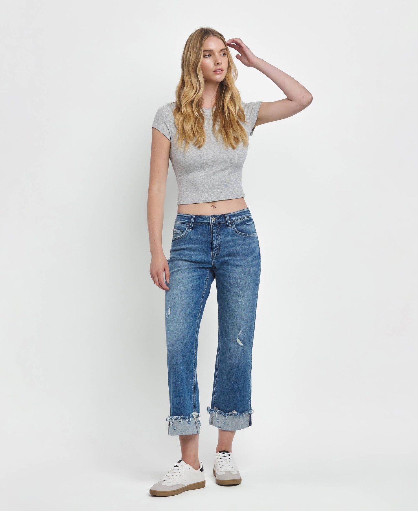 Flying Monkey - Four Season Mid Rise Raw Cuffed Hem Slim Wide Leg Jeans