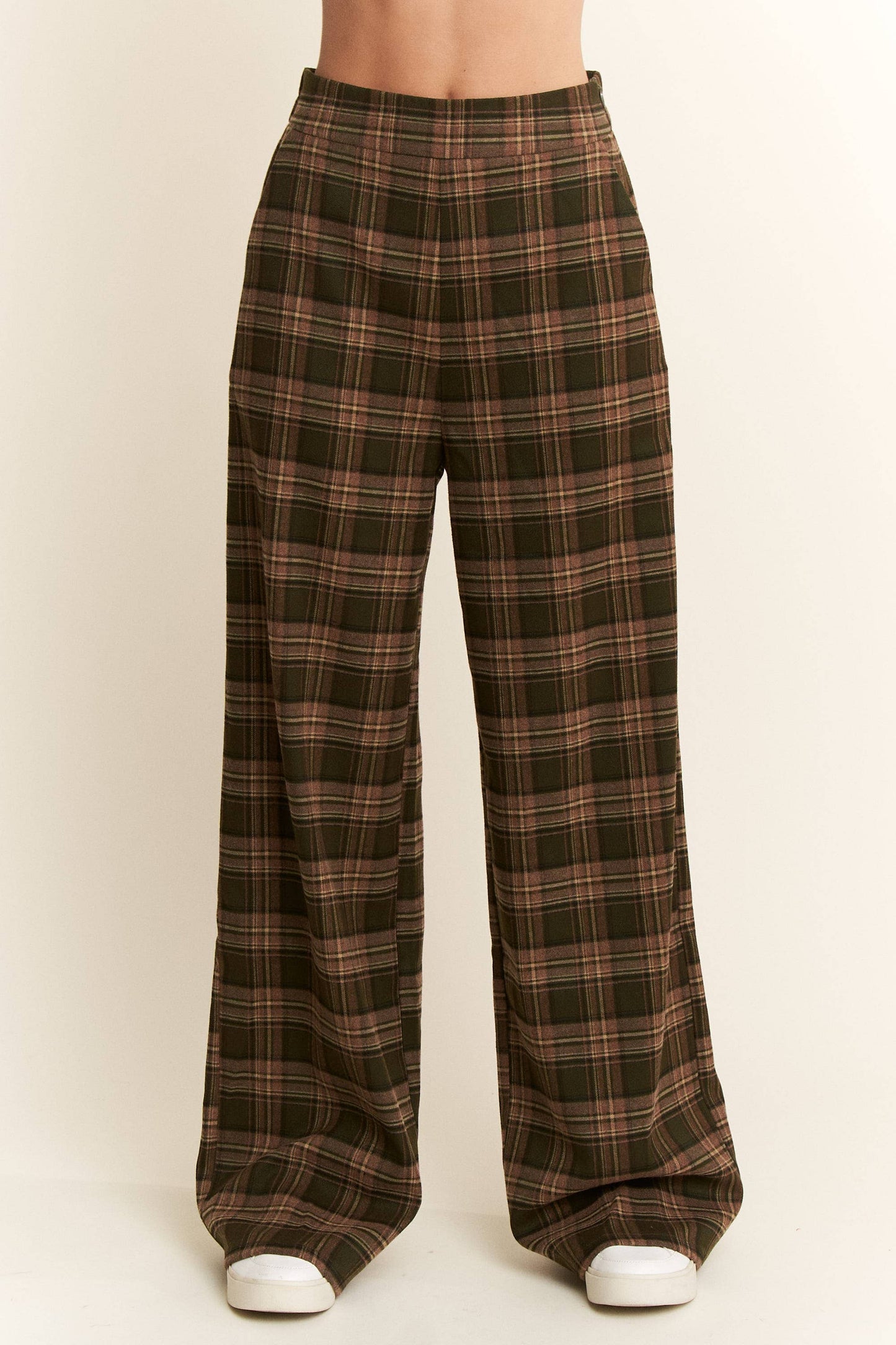 PLAID WIDE LEG SOFT DRESS PANTS: OLIVE/MOCHA