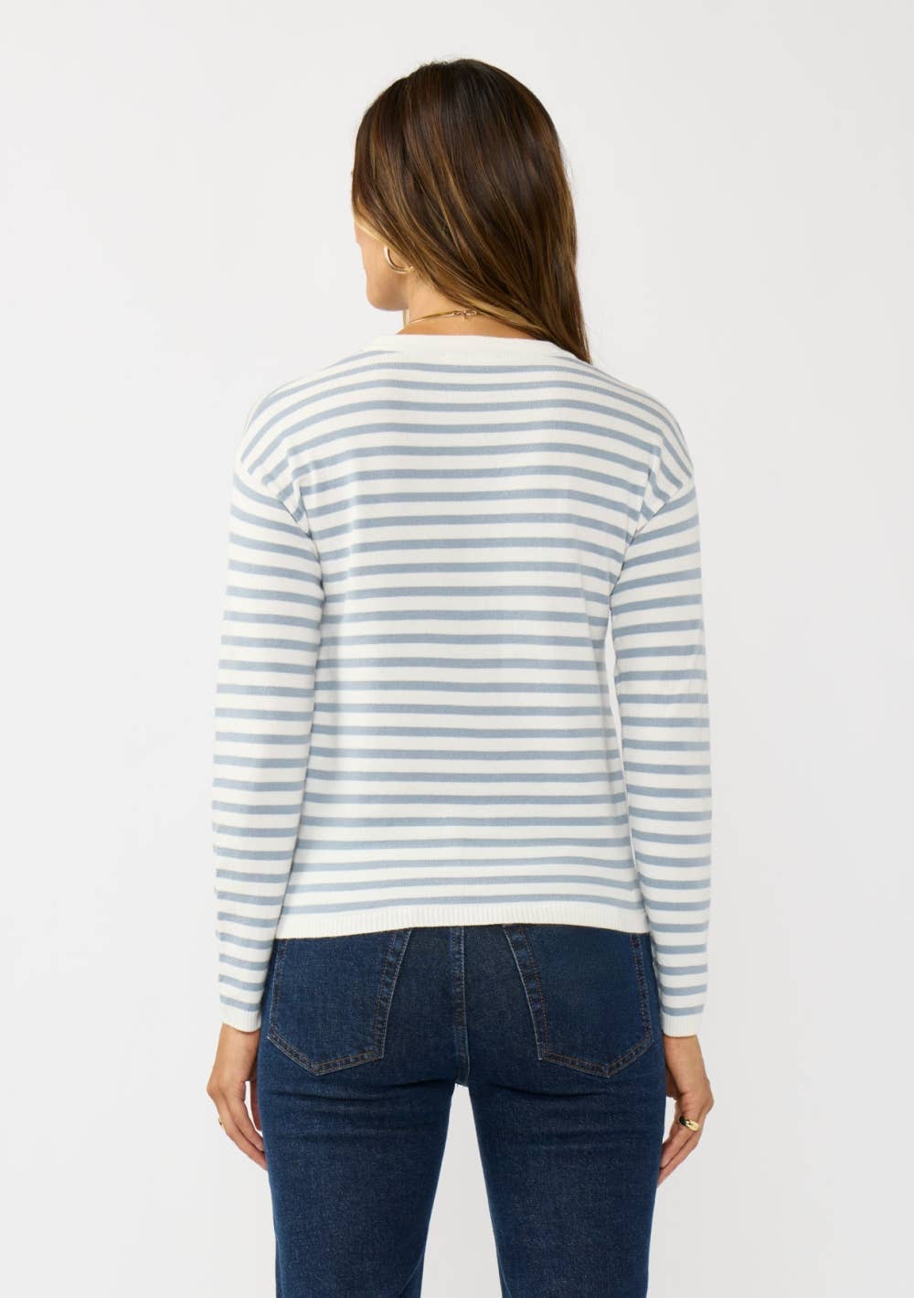 Horizontal Stripe Front Knot Pullover Sweater: Ivory/Dusty Blue