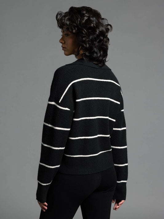 Collared Cropped Sweater - CRESSIDA SWEATER: BLACK IVORY STRIPE