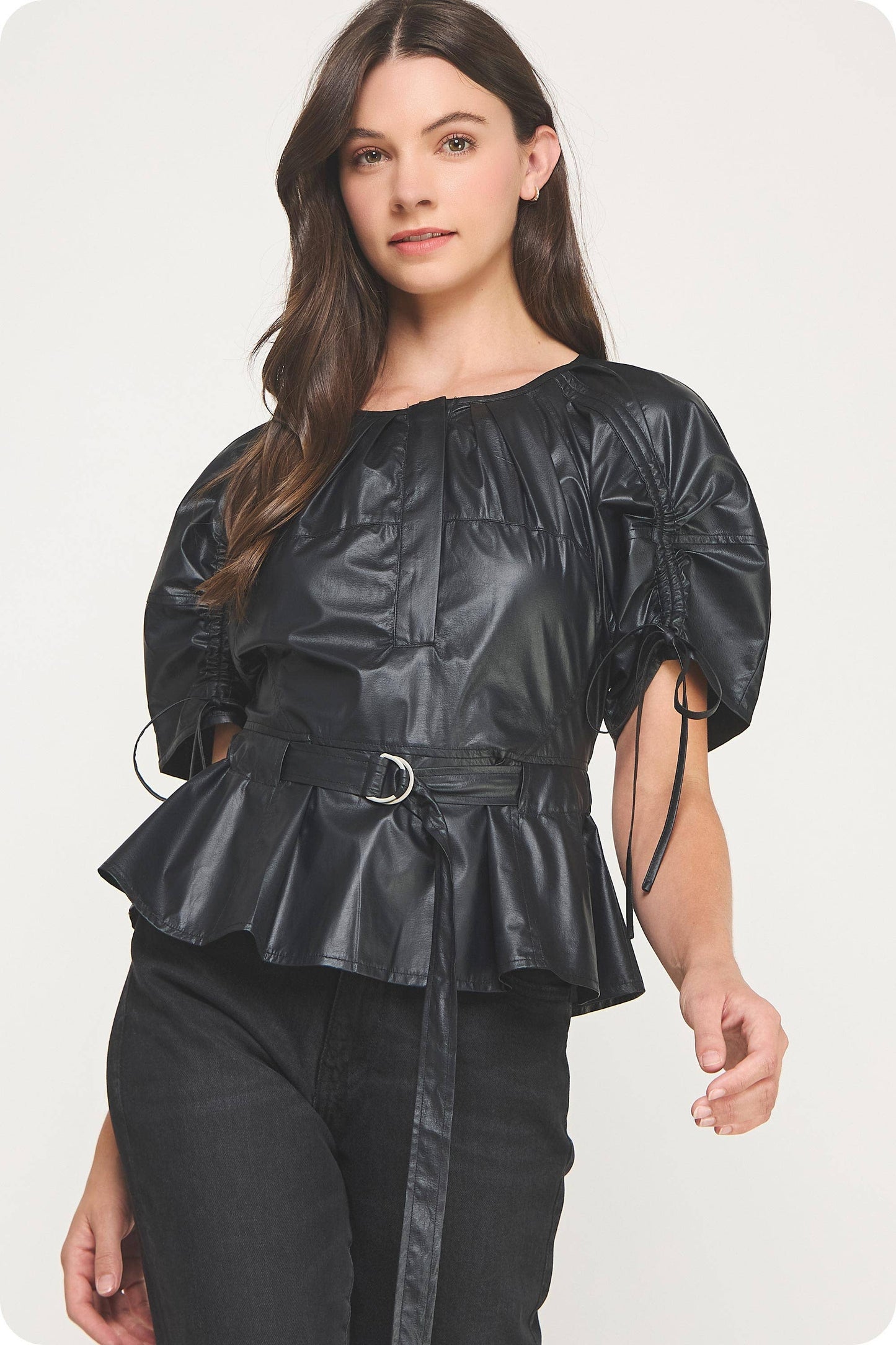 Waist Belt Pleated Faux Leather Top: Black