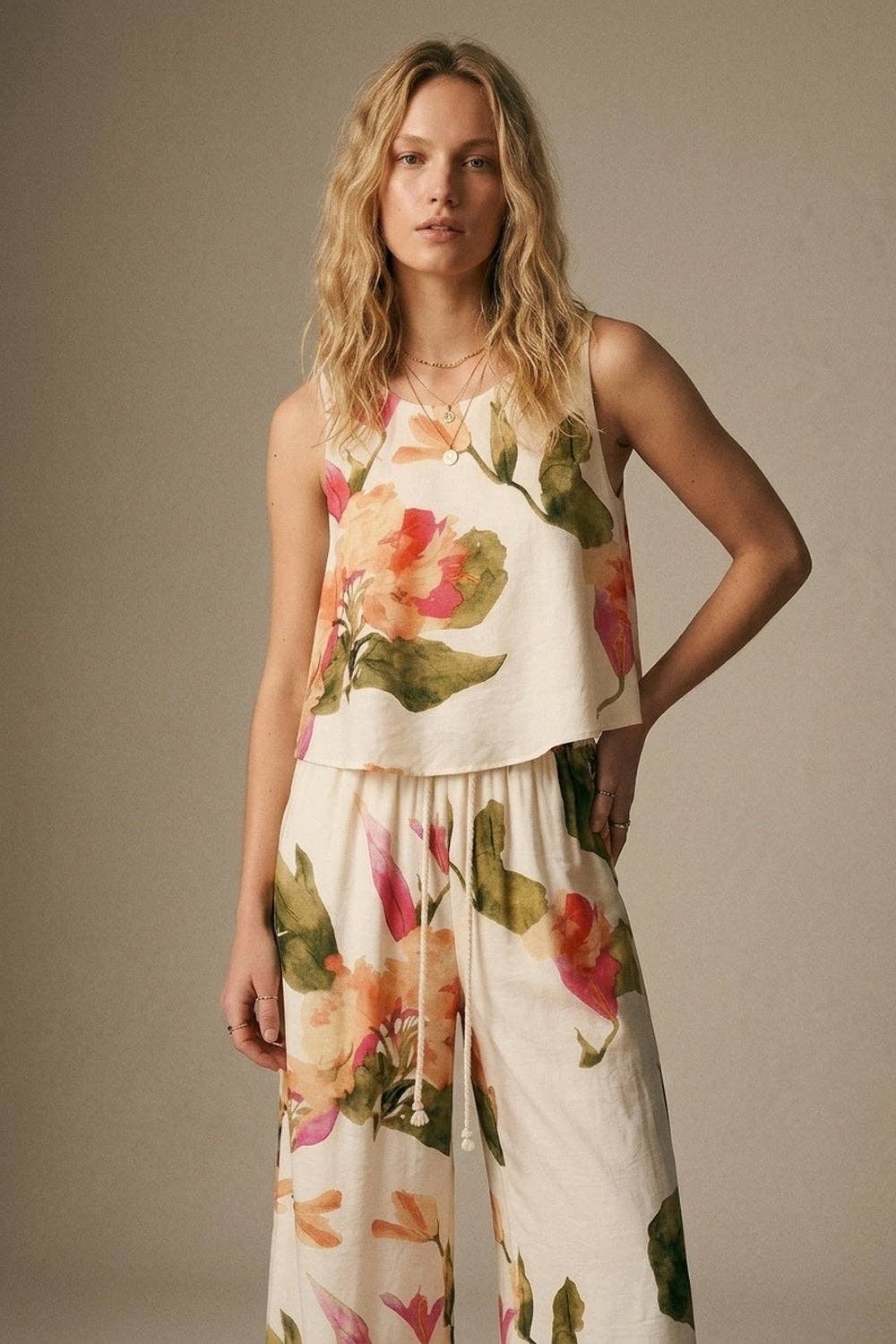 Cream Floral Print Sleeveless Top
