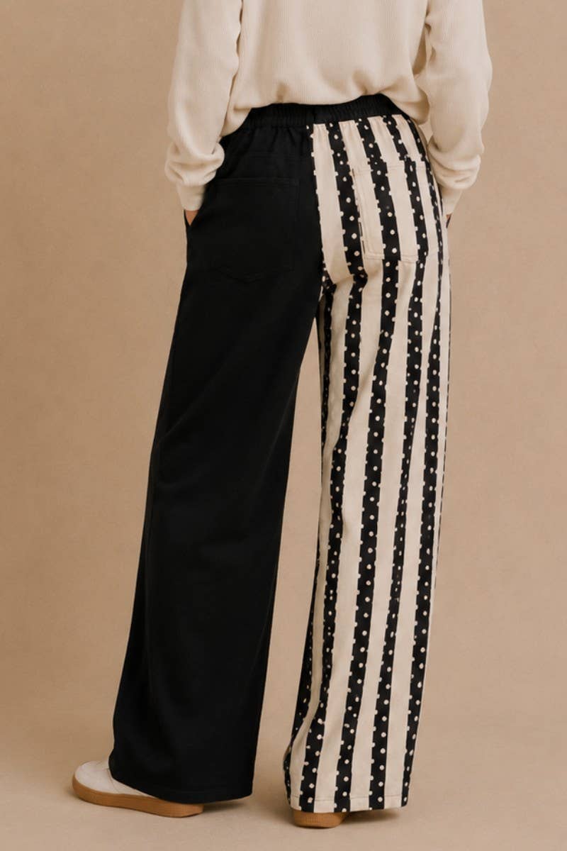 MIX STRIPE & SOLID WIDE LEG PANTS: Black