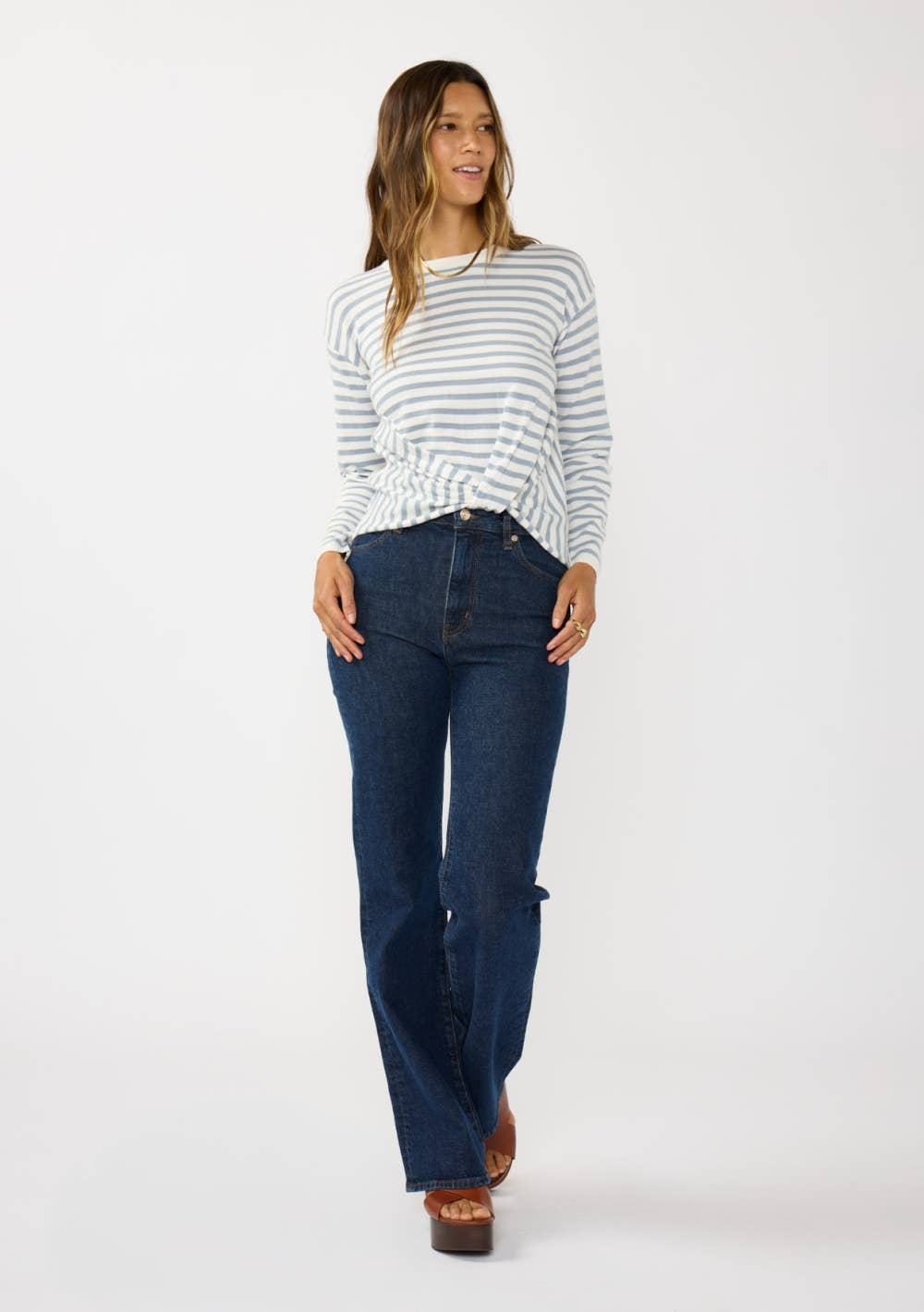 Horizontal Stripe Front Knot Pullover Sweater: Ivory/Dusty Blue