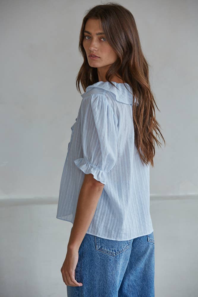 Powder Blue Cotton Button-Down V-Neck Short Sleeve with Ruffle Detail