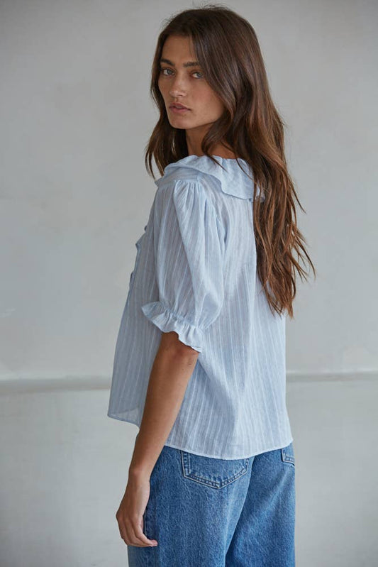 Powder Blue Cotton Button-Down V-Neck Short Sleeve with Ruffle Detail
