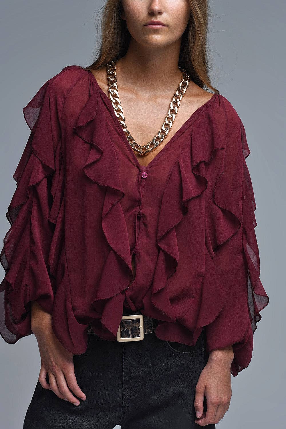 Burgundy V-Neck All Over Ruffle Blouse: MAROON / M