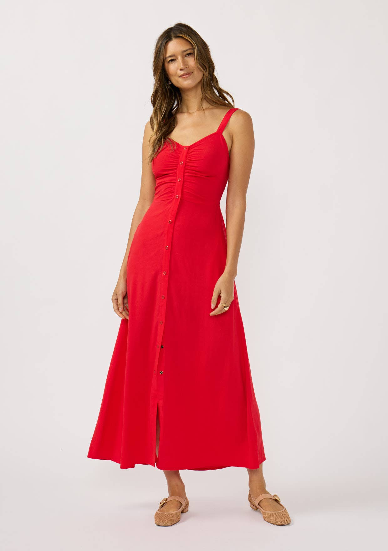 V-Neck Ruched Button Down Maxi Dress: Tomato