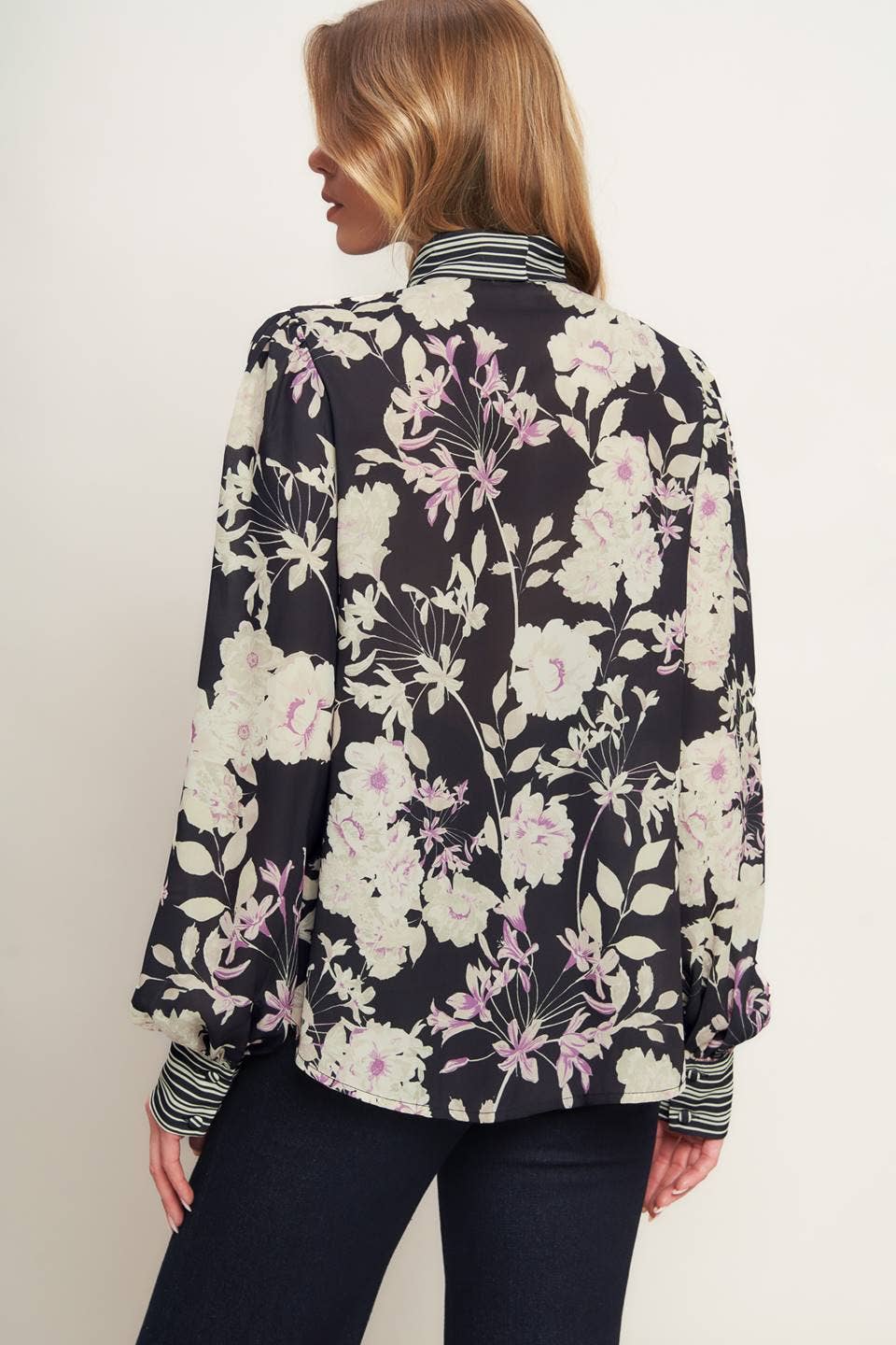 Black/white floral/striped blouse - IT13860: