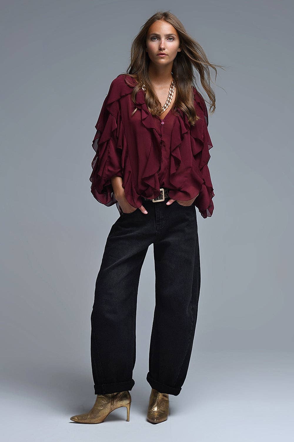 Burgundy V-Neck All Over Ruffle Blouse: MAROON / M