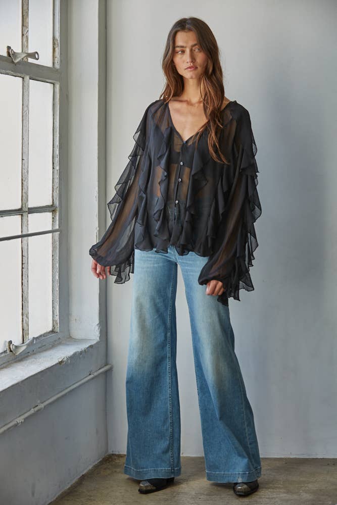 Ruffled V-Neck Button Down Top: Black