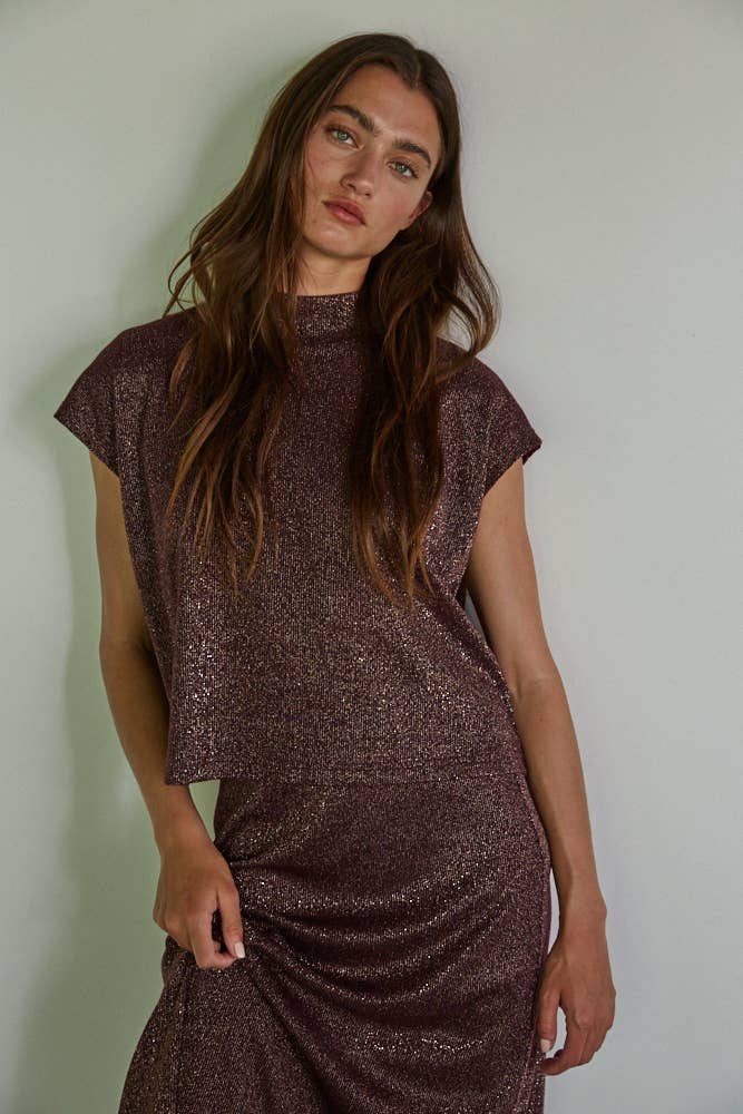 Lurex Mock Neck Sleeveless Top: Plum