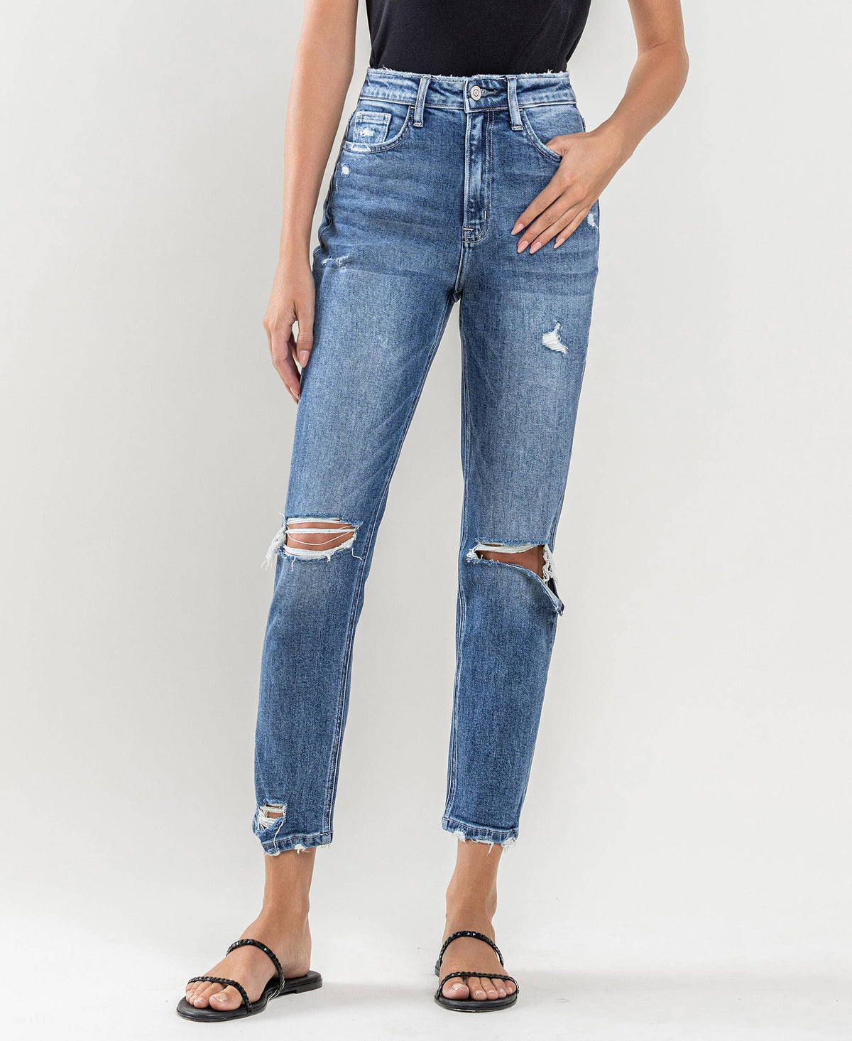 SUPER HIGH RISE DISTRESSED MOM JEANS: LAST NIGHT