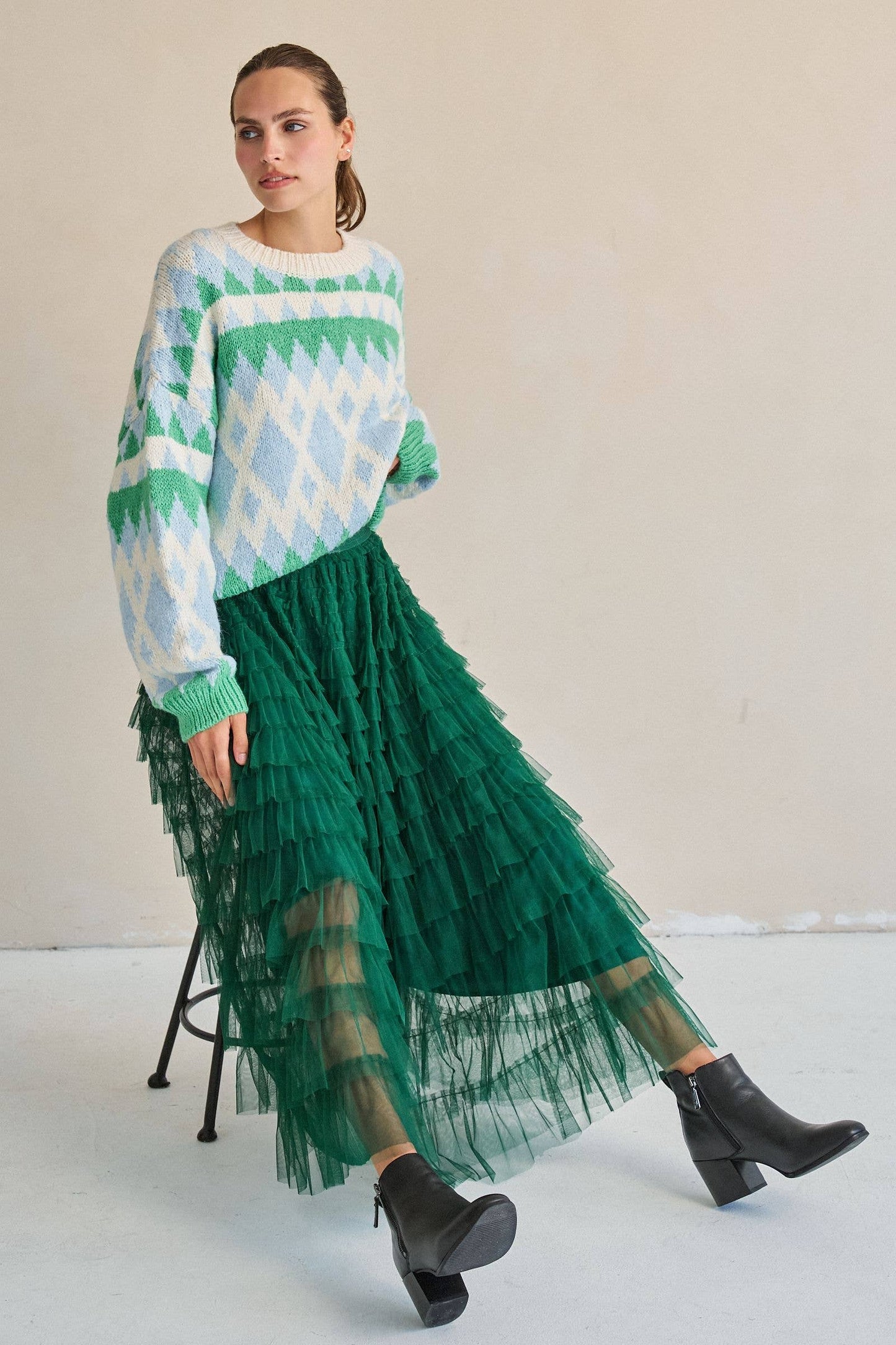 TIERED RUFFLE MESH MAXI SKIRT: GREEN