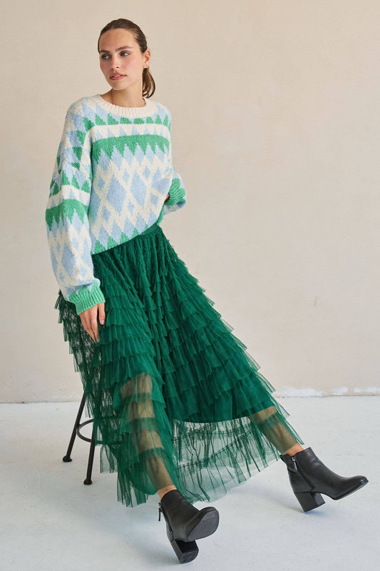 TIERED RUFFLE MESH MAXI SKIRT: GREEN