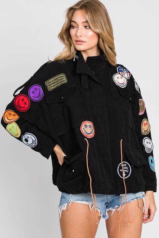 Smile Patchwork Jacket: Black