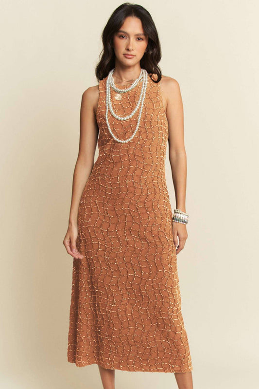 GOLDEN TEXTURED ZIPPERED MIDI DRESS: Caramel