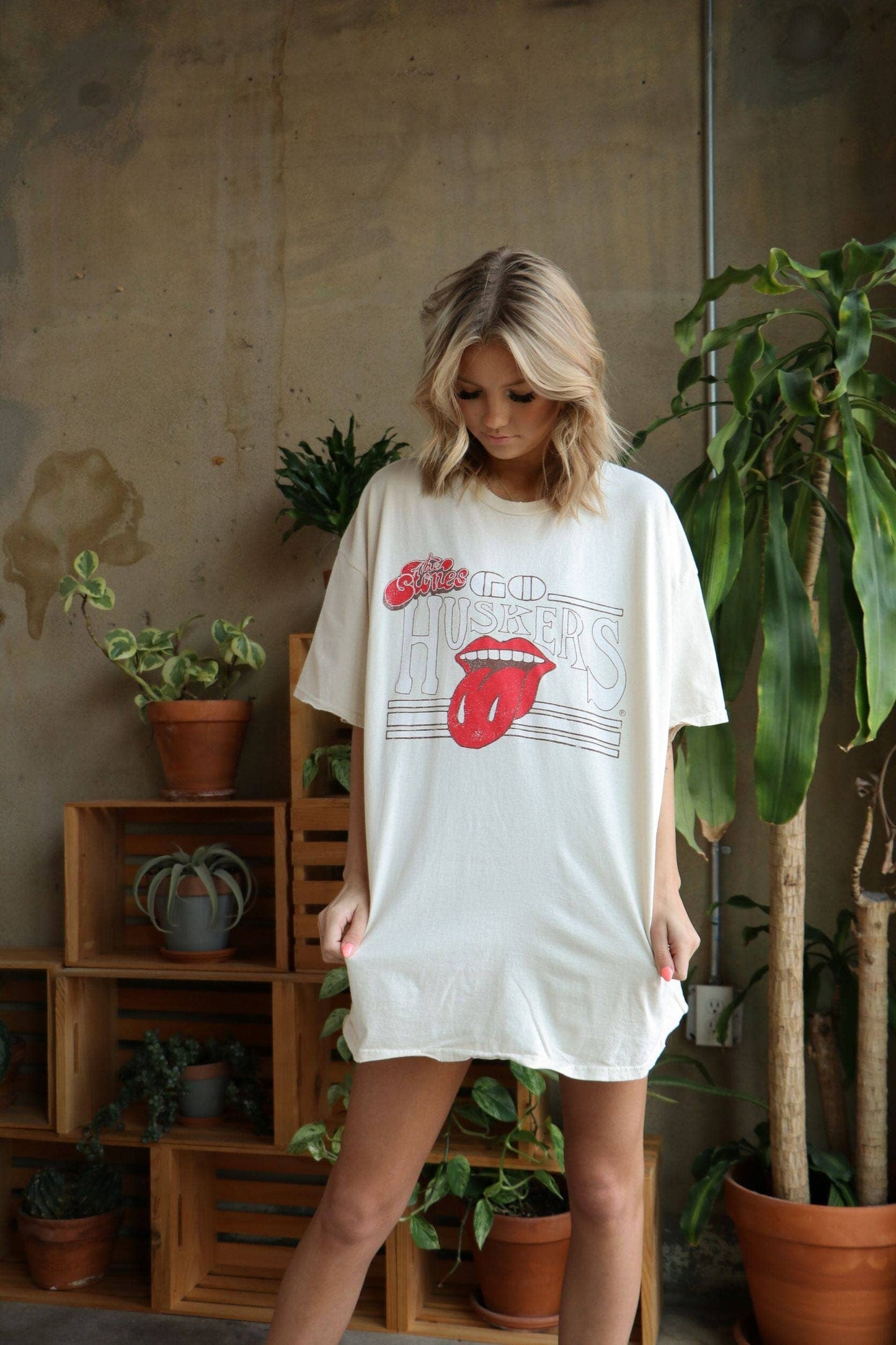 Rolling Stones Nebraska Huskers Stoned Cream Thrifted Tee