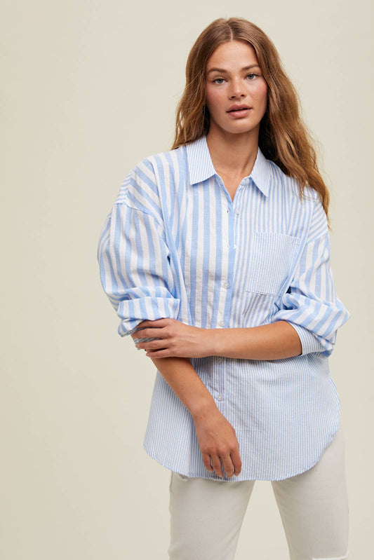 MULTI-STRIPED BUTTON UP SHIRT / WL24-8934: BLUE/WHITE