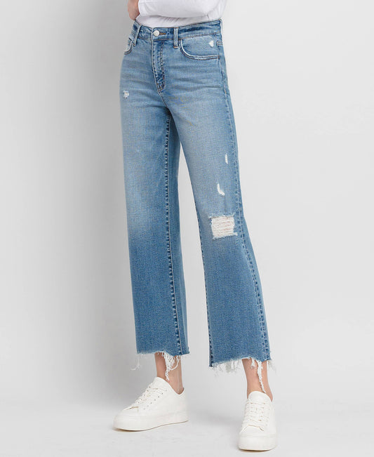 HIGH RISE DISTRESSED SLIM WIDE JEANS F5672: BLUE GROVE