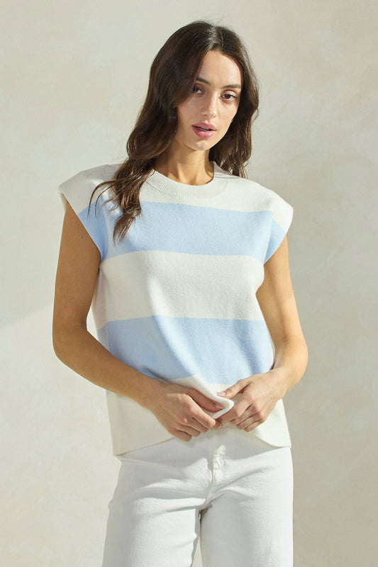 Striped Sleeveless Knit Top: IVORY/SKY