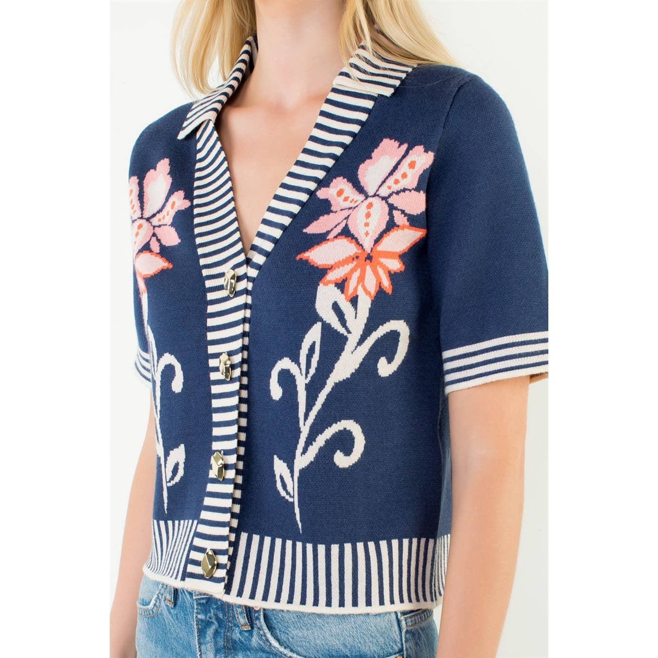 Floral Jacquard Stripe Trim Knit Top: NAVY