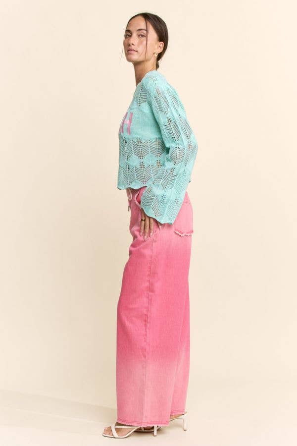 PEARL STONE BEACH LETTERING CROCHET SWEATER TOP: AQUA BLUE