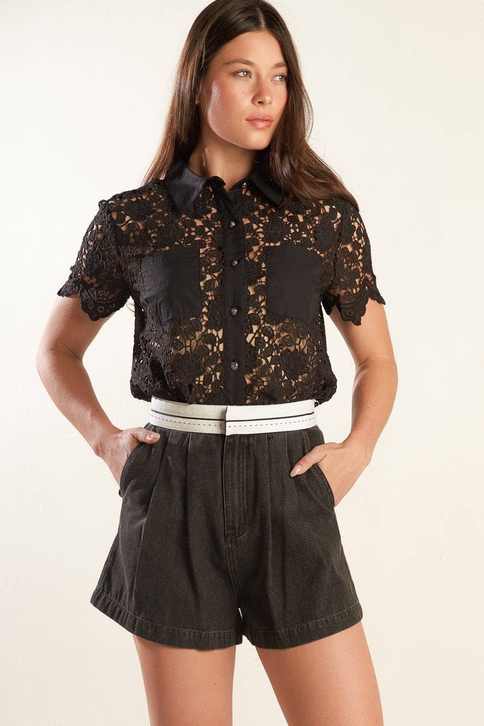 Lace button up top - FT1526: Black