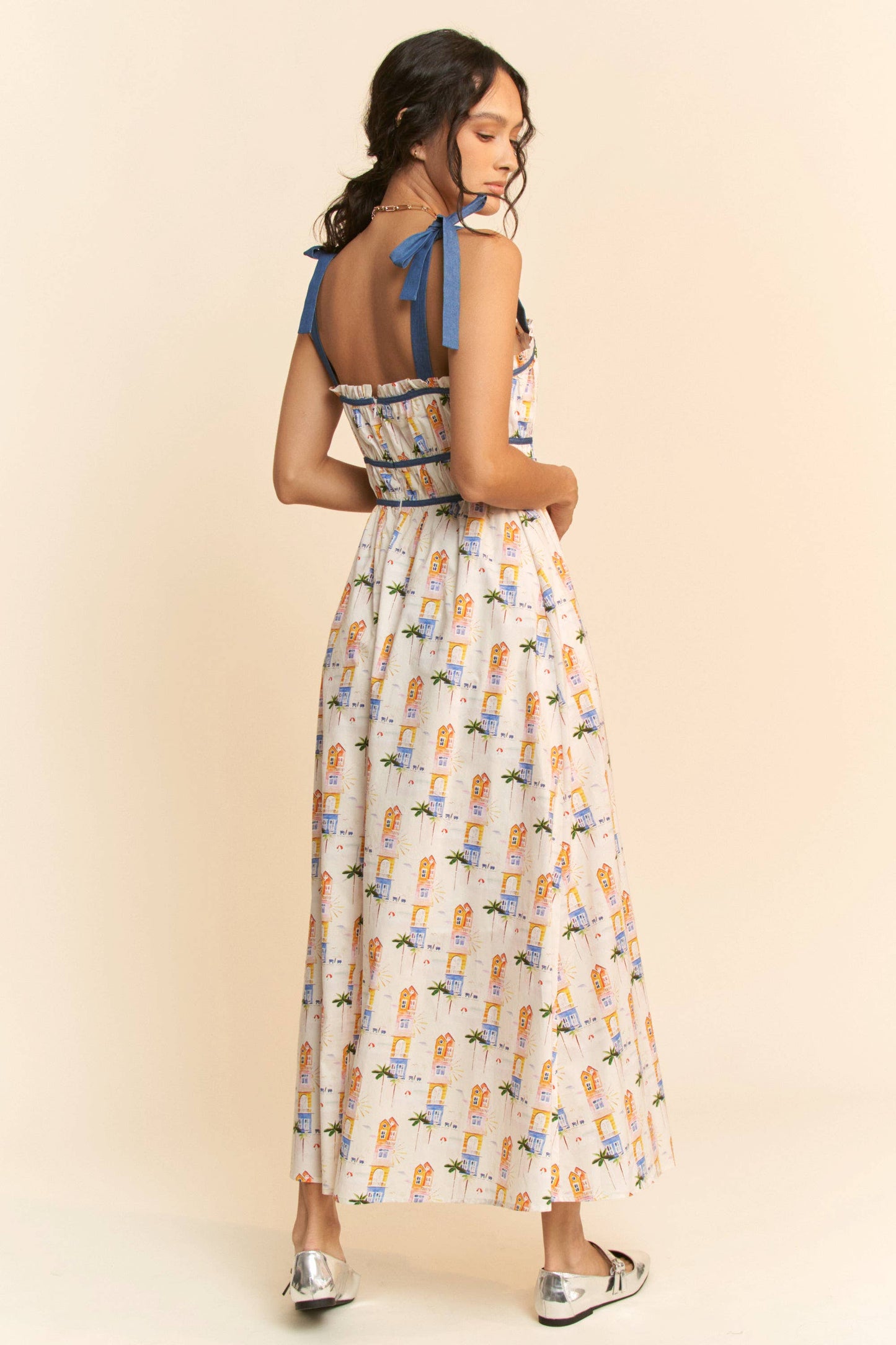 PRINTED RIBBON STRAPS MAXI SUN DRESS: White Multi